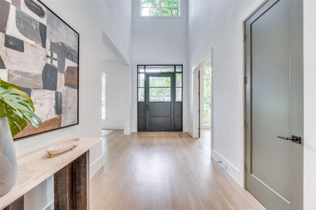 Foyer featuring light hardwood / wood-style floors and a high ceiling