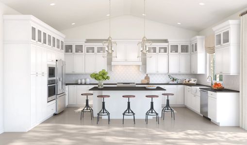 Kitchen with stacked glass-front upper cabinets