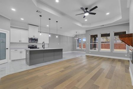 Kitchen with ceiling fan with notable chandelier, a tray ceiling, light hardwood / wood-style floors, white cabinetry, and stainless steel appliances