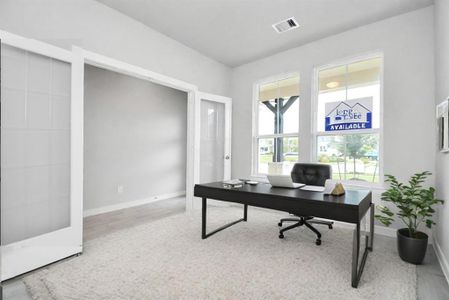 Inviting home office, featuring premium tile that adds a touch of freshness and comfort to the workspace. Natural lighting pouring through the window creates an inspiring environment for productivity and focus. Virtualy staged