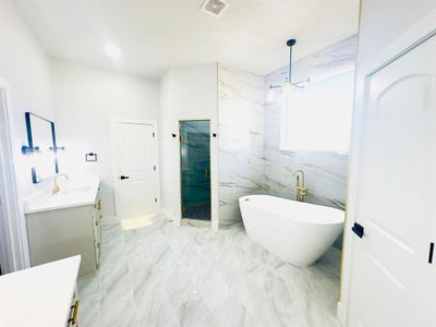 Bathroom with shower with separate bathtub and vanity