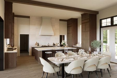 Kitchen with kitchen peninsula, beamed ceiling, light hardwood / wood-style floors, custom range hood, and a breakfast bar area
Artist's Rendition