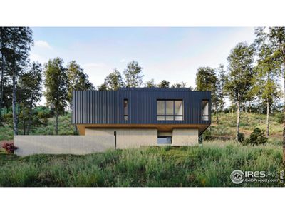 A facade of exposed architectural concrete and fire-resistant standing-seam steel siding creates a striking juxtaposition with the surrounding landscape, while a long driveway and attached two-car garage add abundant parking to this hillside Boulder beauty