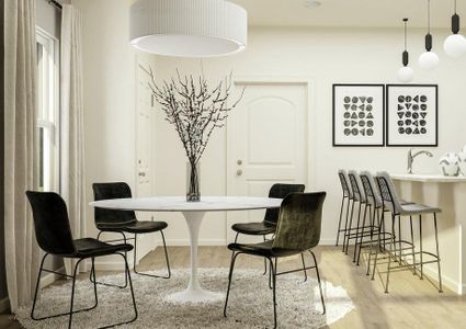 Rendering of the Mulberry's dining area
  with a view of the kitchen in the background.