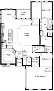 D.R. Horton's Kingwood floorplan, 1st floor - All Home and community information, including pricing, included features, terms, availability and amenities, are subject to change at any time without notice or obligation. All Drawings, pictures, photographs, video, square footages, floor plans, elevations, features, colors and sizes are approximate for illustration purposes only and will vary from the homes as built.