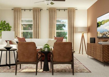 Rendering of the living room looking
  towards the two windows. The room is furnished with a sectional, accent
  chairs and entertainment center.