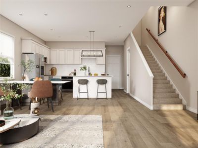 Spacious kitchen features white cabinetry, crown molding, quartz countertops, stainless steel appliances and a center island with pendant lights and bar-top seating. Example photo, virtually staged