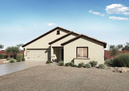 The Mingus floor plan renderings with a decorative two-car garage and gravel in the front yard.