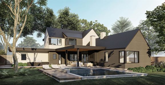 Rear view of property featuring a chimney, an outdoor pool, a metal roof, and a lawn Rear view of property featuring a chimney, an outdoor pool, a metal roof, and a lawn