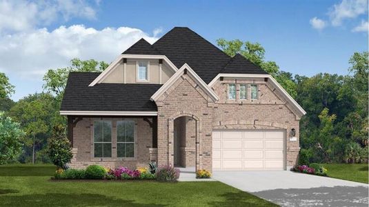 View of front facade featuring a garage, brick siding, concrete driveway, roof with shingles, and a front yard