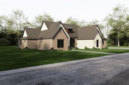 Architect's Rendering 
View of front of house with brick siding, stone siding, and a front yard