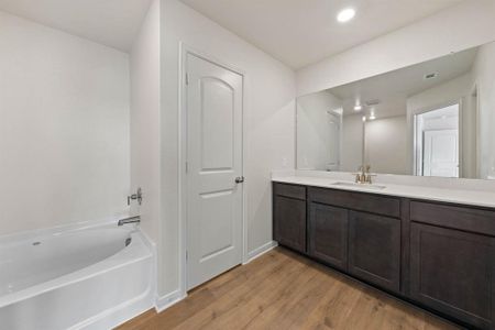 Bathroom featuring vanity and wood-style flooring