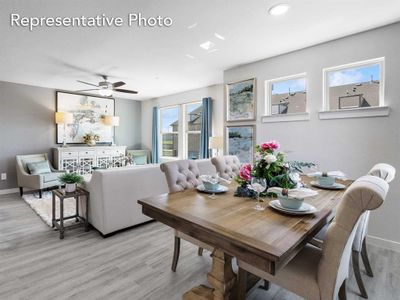 Dining area with wood-type flooring, a wealth of natural light, and ceiling fan