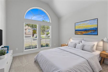 Secondary bedroom features plush carpet, custom paint, high ceilings, ceiling fan, and a large window with privacy blinds.