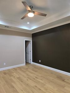 Unfurnished room with crown molding, light hardwood / wood-style floors, a tray ceiling, and ceiling fan