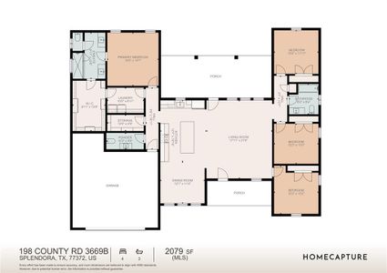 This floor plan features a spacious 4-bedroom, 3-bathroom home with a large living room and kitchen area. The primary bedroom includes a walk-in closet and en-suite bathroom. Additional highlights are a dining room, laundry room, and a two-car garage. The layout also includes front and back porches for outdoor enjoyment. Located at 198 County Rd 3669B, Splendora, TX.