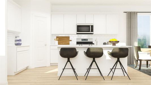 Kitchen with white cabinetry, tasteful backsplash, range, light hardwood / wood-style flooring, and a kitchen breakfast bar