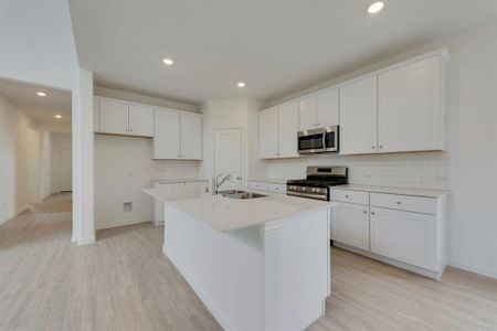 Kitchen featuring stainless steel appliances, backsplash, sink, and light wood-type flooring