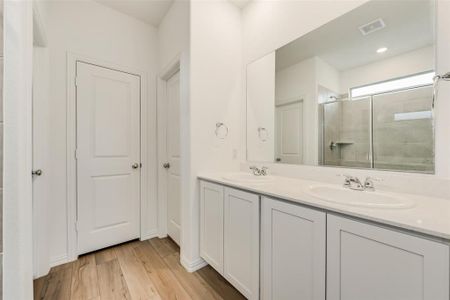 Bathroom with vanity, hardwood / wood-style floors, and a shower with shower door