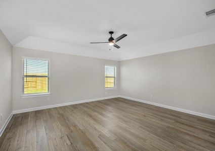 Master bedroom with plank flooring and a ceiling fan