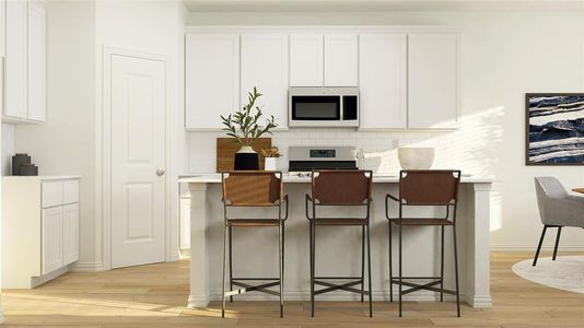 Kitchen featuring light hardwood / wood-style flooring, tasteful backsplash, white cabinets, stove, and a kitchen bar