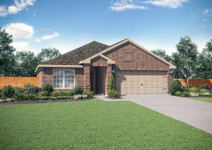 Exterior of single-story, brick Blanco II with a two-car garage, a shingled room, and front yard landscaping