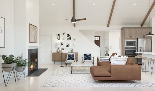 Great room with stained ceiling beams and vaulted ceiling