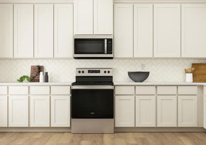 Rendering of the gorgeous kitchen in the
  Twinberry floor plan. It has white cabinetry, herringbone tile backsplash,
  stainless steel Whirlpool brand appliances and granite countertops.