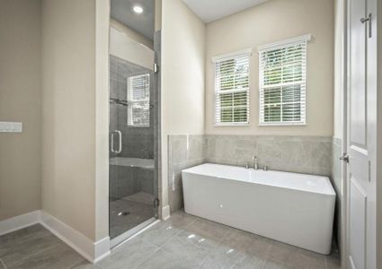 Master bath with walk-in shower and soaker tub.