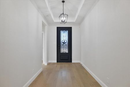 Entryway with baseboards, an inviting chandelier, a raised ceiling, and light wood-style floors