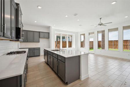 Kitchen featuring a kitchen island with sink, appliances with stainless steel finishes, ceiling fan, sink, and tasteful backsplash