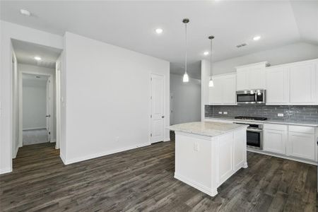 Kitchen featuring dark wood-style floors, stainless steel appliances, tasteful backsplash, and white cabinetry