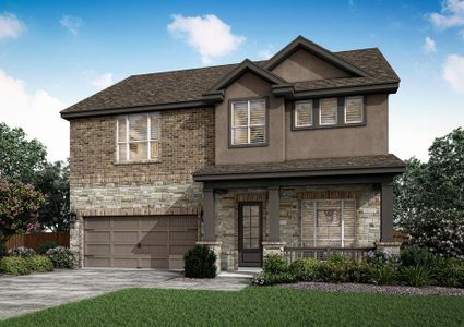 The Brazos plan with a stucco, brick and stone exterior.