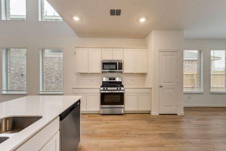 Kitchen featuring a wealth of natural light, stainless steel appliances, light wood-type flooring, and tasteful backsplash