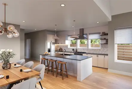 Kitchen with a center island, pendant lighting, stainless steel refrigerator with ice dispenser, white cabinets, and island range hood