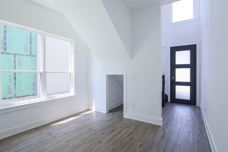 Entryway with lofted ceiling and dark wood-type flooring