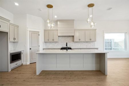 Kitchen featuring pendant lighting, light hardwood / wood-style floors, stainless steel microwave, and sink