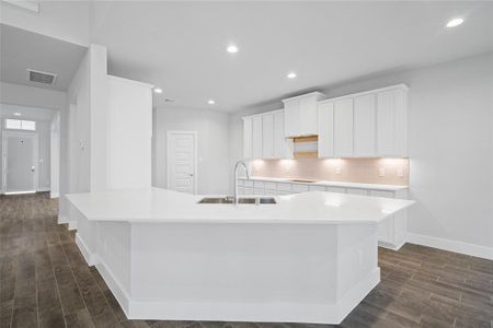 This kitchen is by far any chef’s dream! This spacious kitchen features high ceilings, white stained wood cabinets, quartz countertops, SS appliances, modern tile backsplash, recessed lighting, extended counter space, extra space for breakfast bar, and a walk-in pantry all overlooking your huge family room.