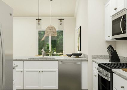 Rendering of the kitchen featuring white
  cabinetry, stainless steel appliances, and décor with a view of the dining
  nook in the background.