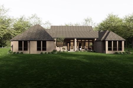 Architect's Rendering 
Back of property with a yard, a patio, and brick siding