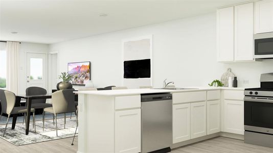 Kitchen featuring light wood-type flooring, stainless steel appliances, sink, kitchen peninsula, and white cabinetry