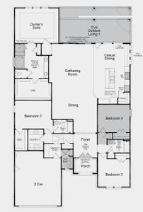 Structural options include: Gourmet kitchen 2, bench at owner’s entry, shower/ mud-set at bath 2, half bath in place of coat closet, covered outdoor living 2, tub in owner’s bath, 12 x 8 sliding glass doors, bed 4 in place of flex, double doors at entry, and windows at casual dining.