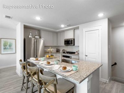 Kitchen featuring gray cabinetry, appliances with stainless steel finishes, light hardwood / wood-style flooring, and a center island with sink