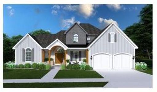 Front elevation, white trim & garage