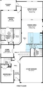 The Elmore floor plan by K. Hovnanian Homes. 1st floor shown. *Prices, plans, dimensions, features, specifications, materials, and availability of homes or communities are subject to change without notice or obligation.