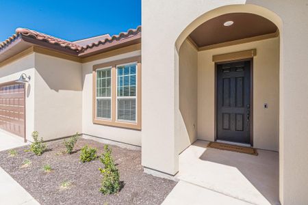 Doorway to property featuring a tile roof and stucco siding