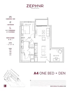 This one-bedroom + den layout offers a thoughtfully designed space with an open kitchen and living area, a generous bedroom, and a versatile den perfect for work or guests