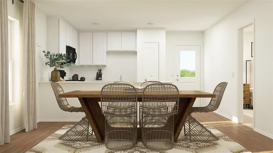 Dining area with light wood-type flooring