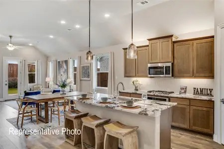 Kitchen featuring pendant lighting, light wood-type flooring, lofted ceiling, and a kitchen island with sink