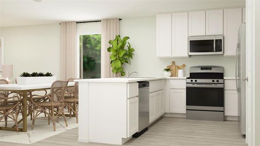 Kitchen featuring sink, stainless steel appliances, kitchen peninsula, light hardwood / wood-style floors, and white cabinets